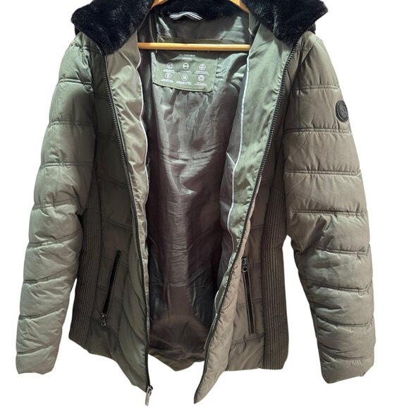 Nautica Jacket Womens Large Green Quilted Puffer Faux Fur Hood Water Resistant - Picture 7 of 14
